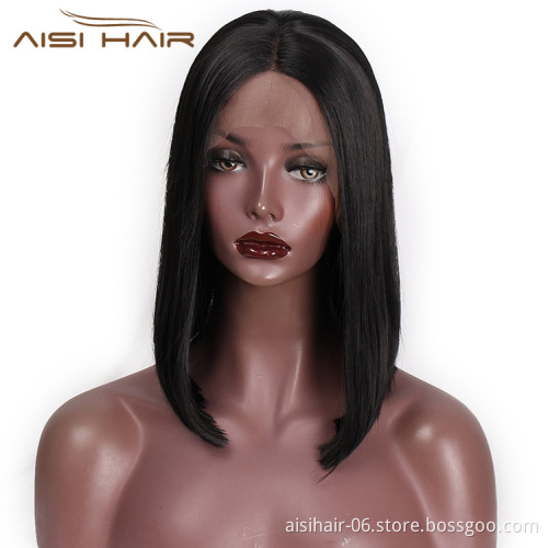 Aisi Hair 14 inch Short Bob Lace Frontal Black Wig Synthetic Hair Natural Front Lace Wig Straight Silky Wigs For Black Women